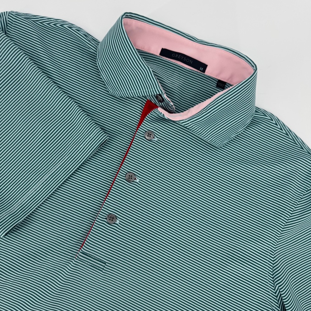 Greyson Mens Striped Performance Golf Polo Shirt Green Pink Wolf Logo Size M